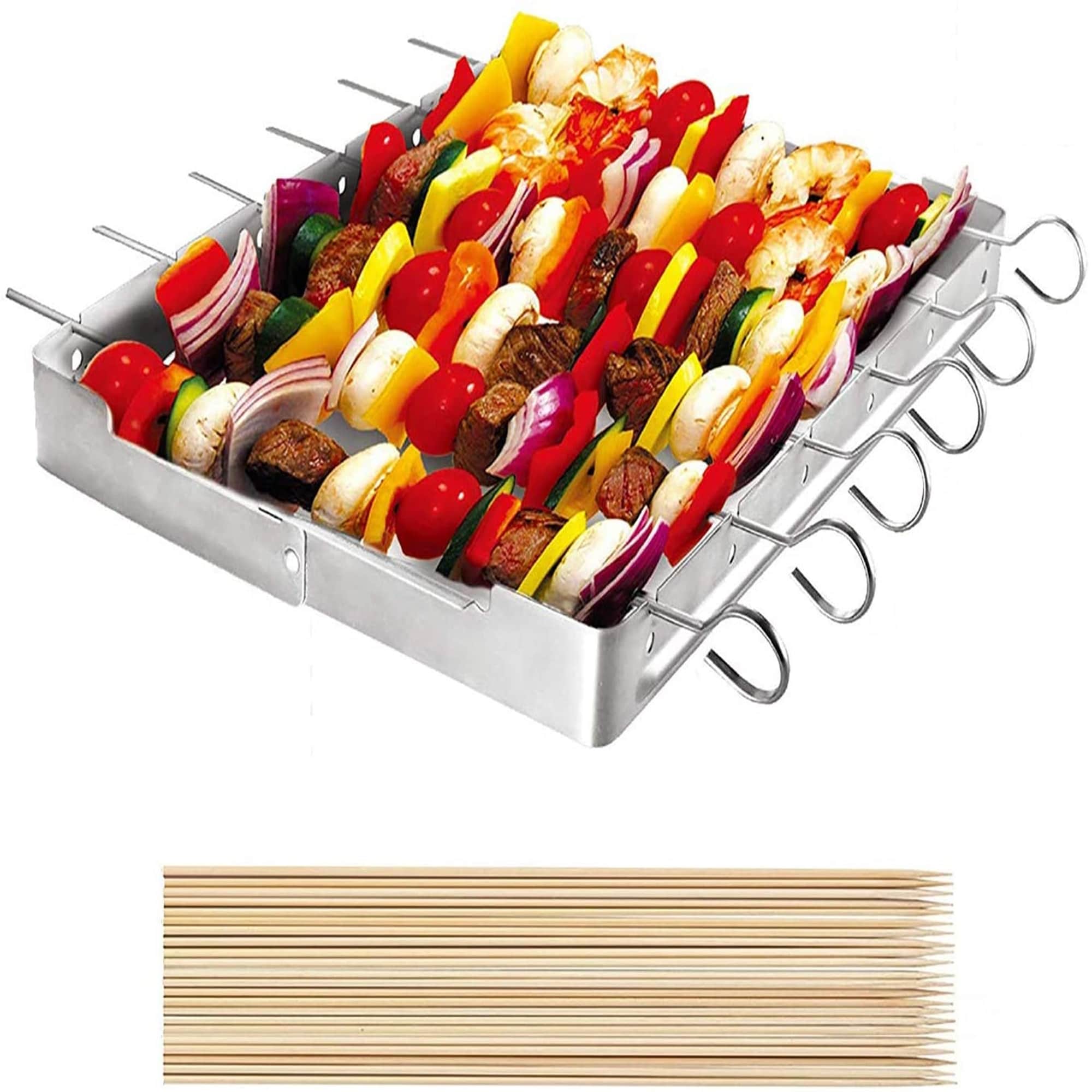 2 Grillfinity Stainless Steel Gourmet BBQ Shish Kebob Grill Rack w/ 6 Skewers 