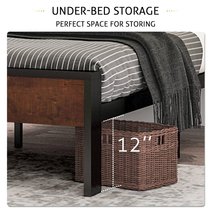 14 Inch Queen Size Metal Platform Bed Frame with Wooden Headboard and Footboard, Mattress Foundation, No Box Spring Needed