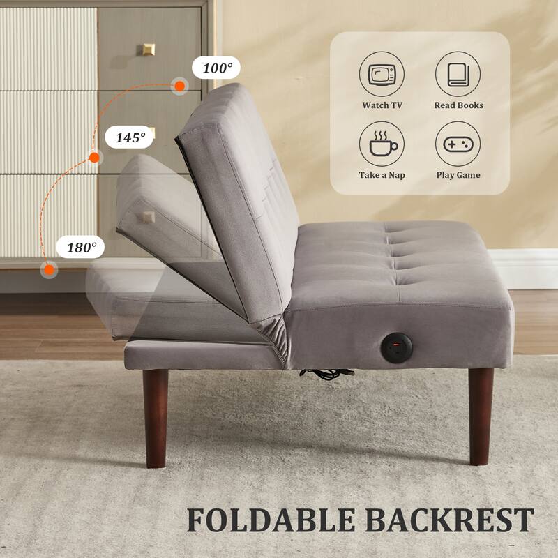 Foldable Fashion Sofa Bed High End Flannel Fabric Back Adjustable Sofa Recliner Futon, Modern Fashion Sofa with Charging Port