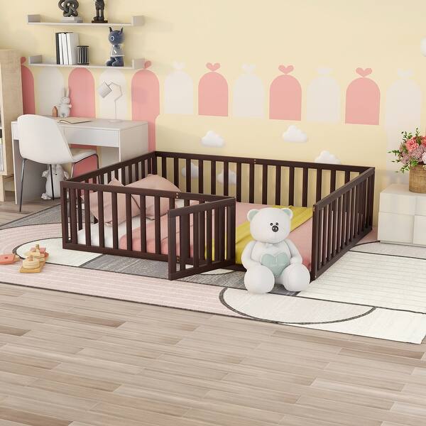 slide 2 of 8, Elegant Queen Size Floor Bed with Fence and Door, Pine Wood Frame for Kids or Play Space Walnut