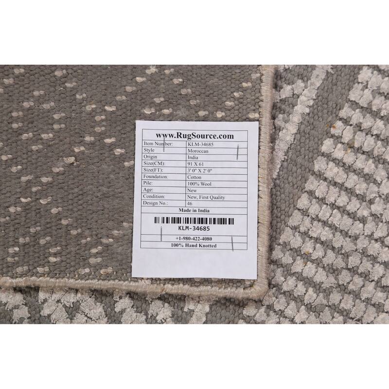 Geometric Moroccan Oriental Foyer Rug Handmade Grey Wool Carpet - 2'0"x 3'0"