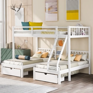 Wood Triple Bunk Bed with Drawers and Guardrails,White