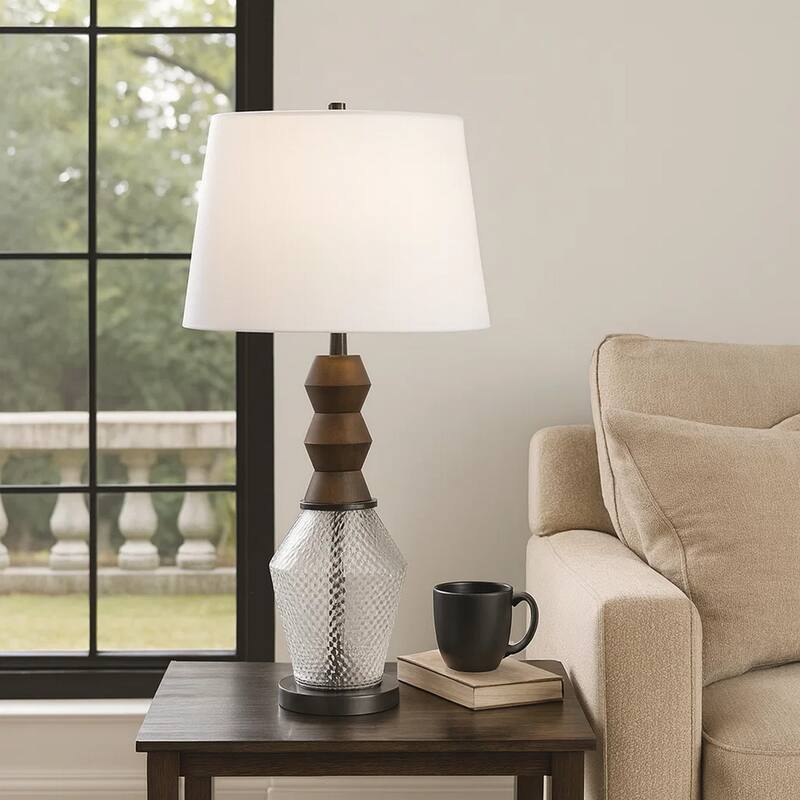 Hay 33 Inch Table Lamp, Diamond Pattern Glass Base, White Fabric Shade