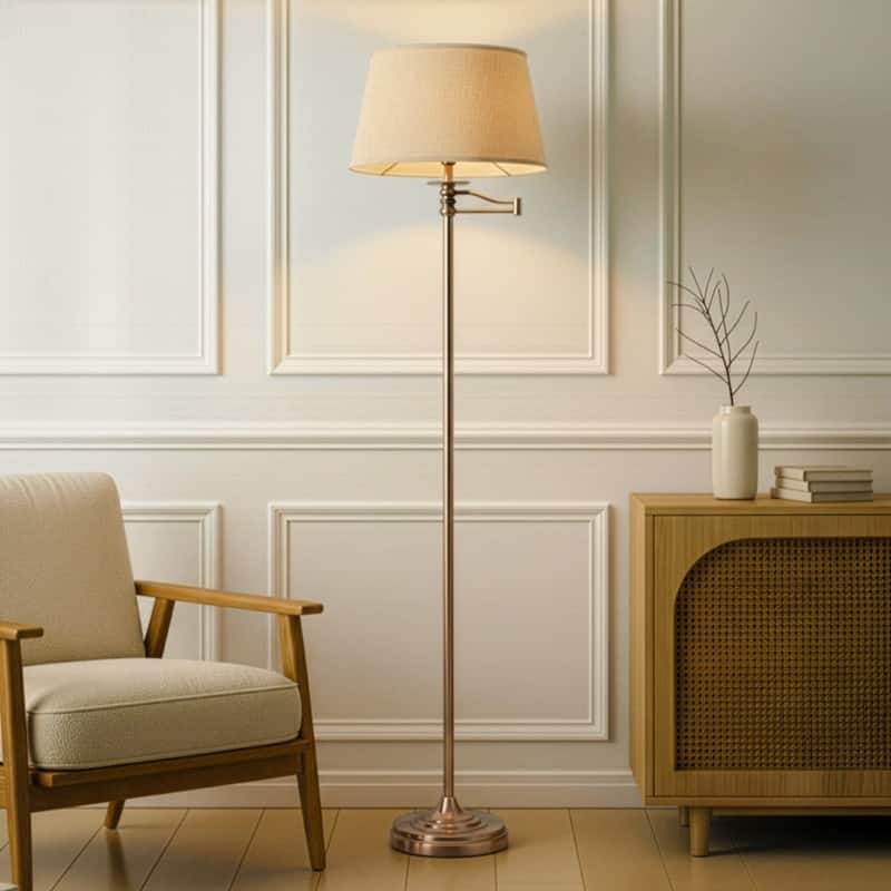 Brightech Caden 62 in. Oil Brushed Bronze Mid-Century Modern Extendable LED Floor Lamp with Beige Fabric Drum Shade