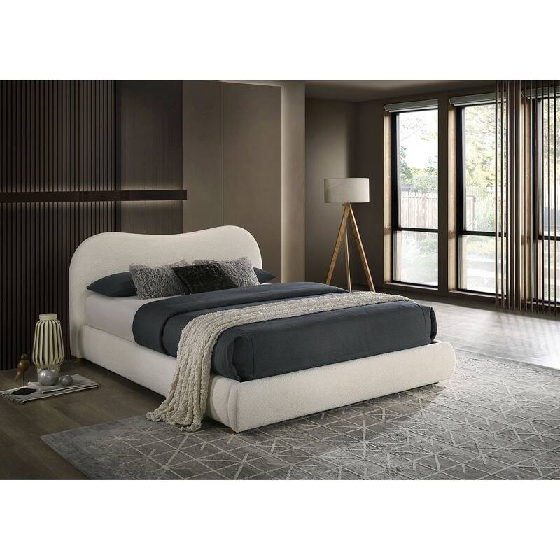 White Finish Contemporary Curved Headboard Storage 1PC Bed Upholstered