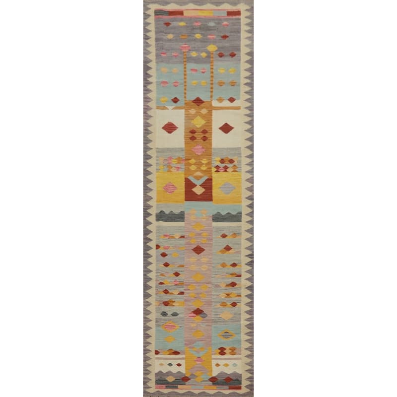 Hand Woven Oriental 100% Wool Carpet Southwestern Tribal Multi-Colored Kilim Runner Rug - 11' 2'' X 2' 6''