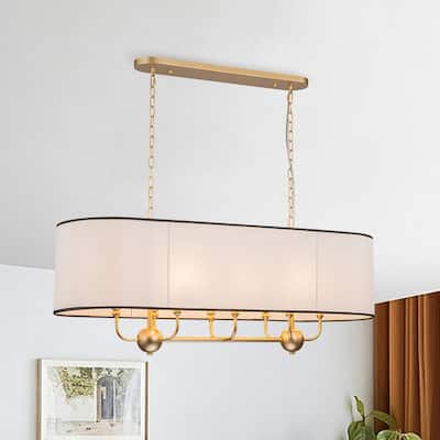 8-Light Mid-century Linear Dining Room Chandelier With Fabric Shade - Brass - 42.5in