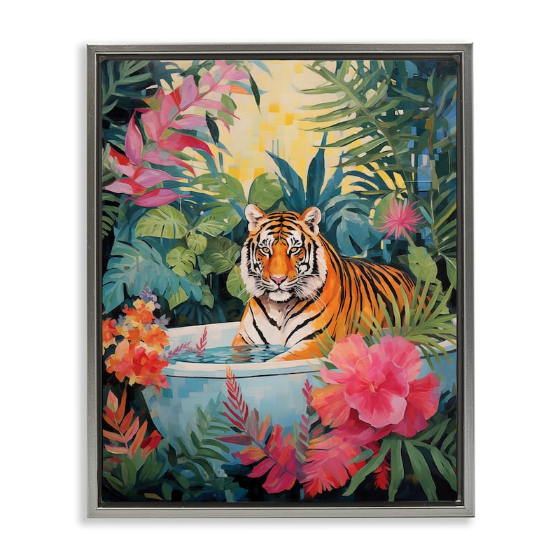 Stupell Tiger in Luxurious Bath Framed Floater Canvas Wall Art Design By Heidi Kuntz - 25 x 31 - Grey