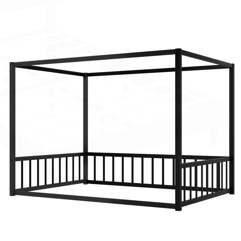 Modern Iron Double-Size Floor Bed with Multi-Functional Guardrails and Stable Structure