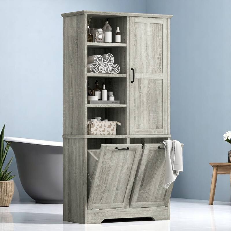 Bathroom Storage Cabinet with Tilt-Out Laundry Hampers, Adjustable Shelves & Door, Freestanding MDF Organizer - Oak