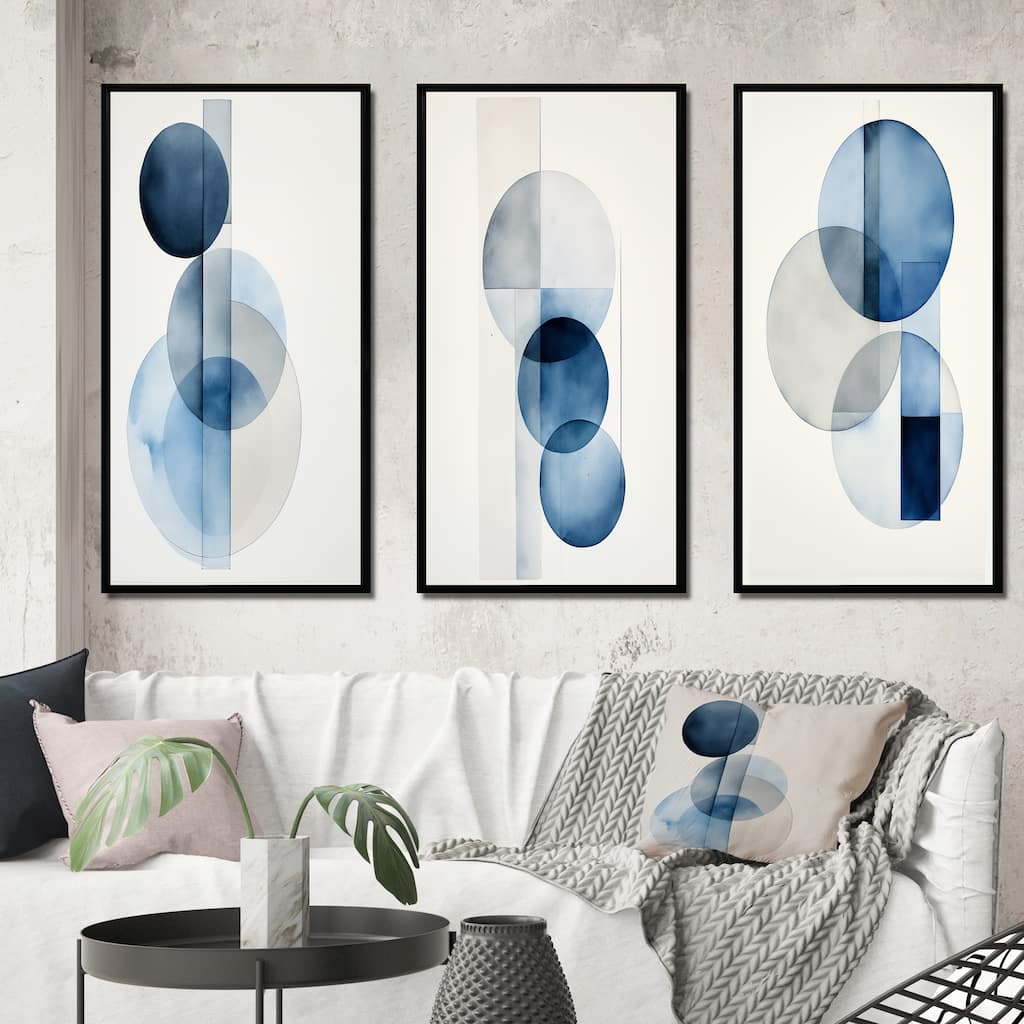 Designart "Orbicular Unity Minimal In Retro Blue II" Modern Geometric Framed Wall Art Set Of 3 For Office Decor