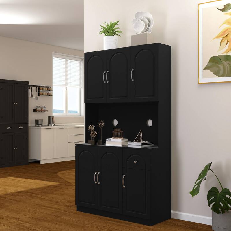 71" Kitchen Pantry Storage Cabinet with Microwave Oven Countertop,Freestanding Hutch Cabinet with Adjustable Shelves