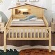 preview thumbnail 3 of 13, Twin Size Wood Kids Platform Bed with House-Shaped Headboard, Built-in LED Light, Guardrails Storage for Bedroom, Natural