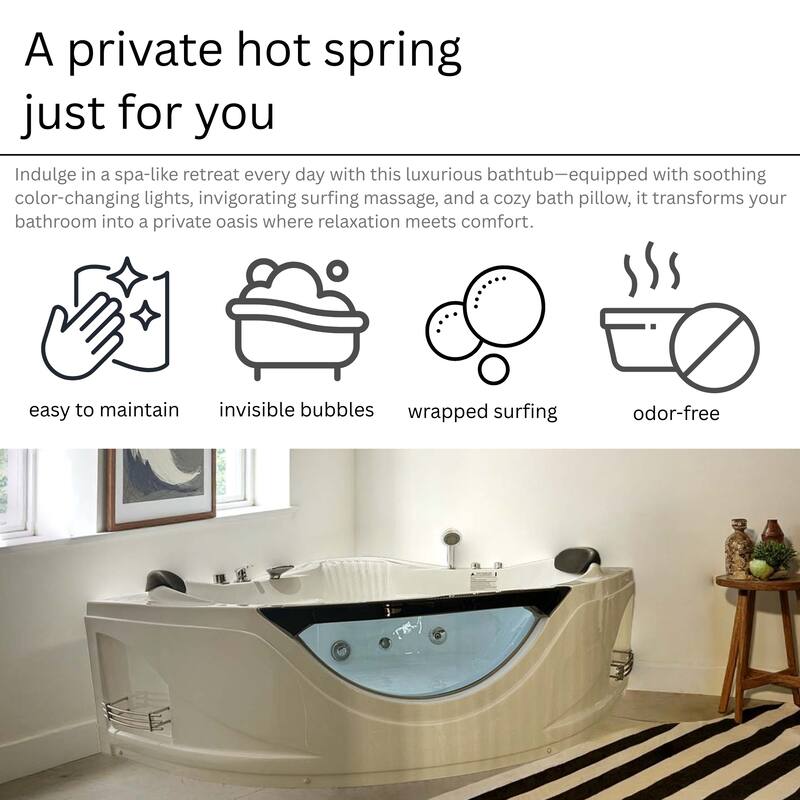 59" Corner Whirlpool Bathtub for 2-Person, Luxury Jetted Spa Tub