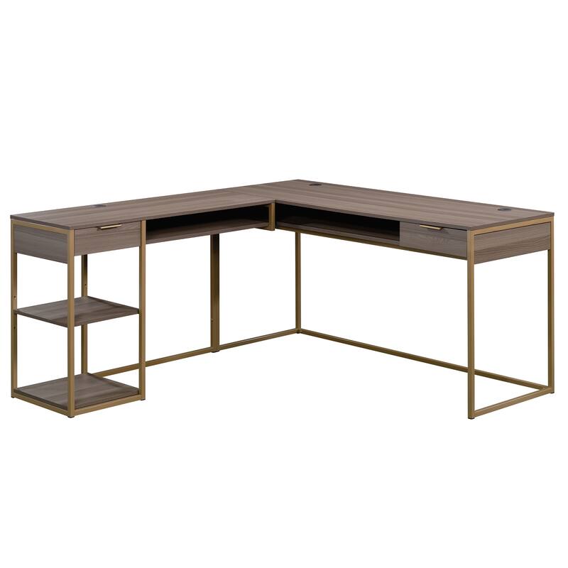 Wood L-Shaped Desk with Open Storage, Brown