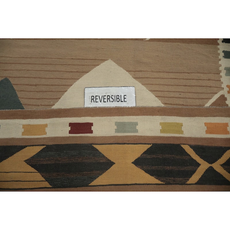 Hand Woven Oriental 100% Wool Carpet Southwestern Tribal Brown Kilim Area Rug - 14' 2'' X 11' 10''