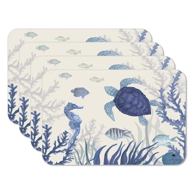Blue Sea Life 4 Pack Reversible Easy Care Flexible Plastic Placemats Made in The USA BPA Free Easily Wipes Clean