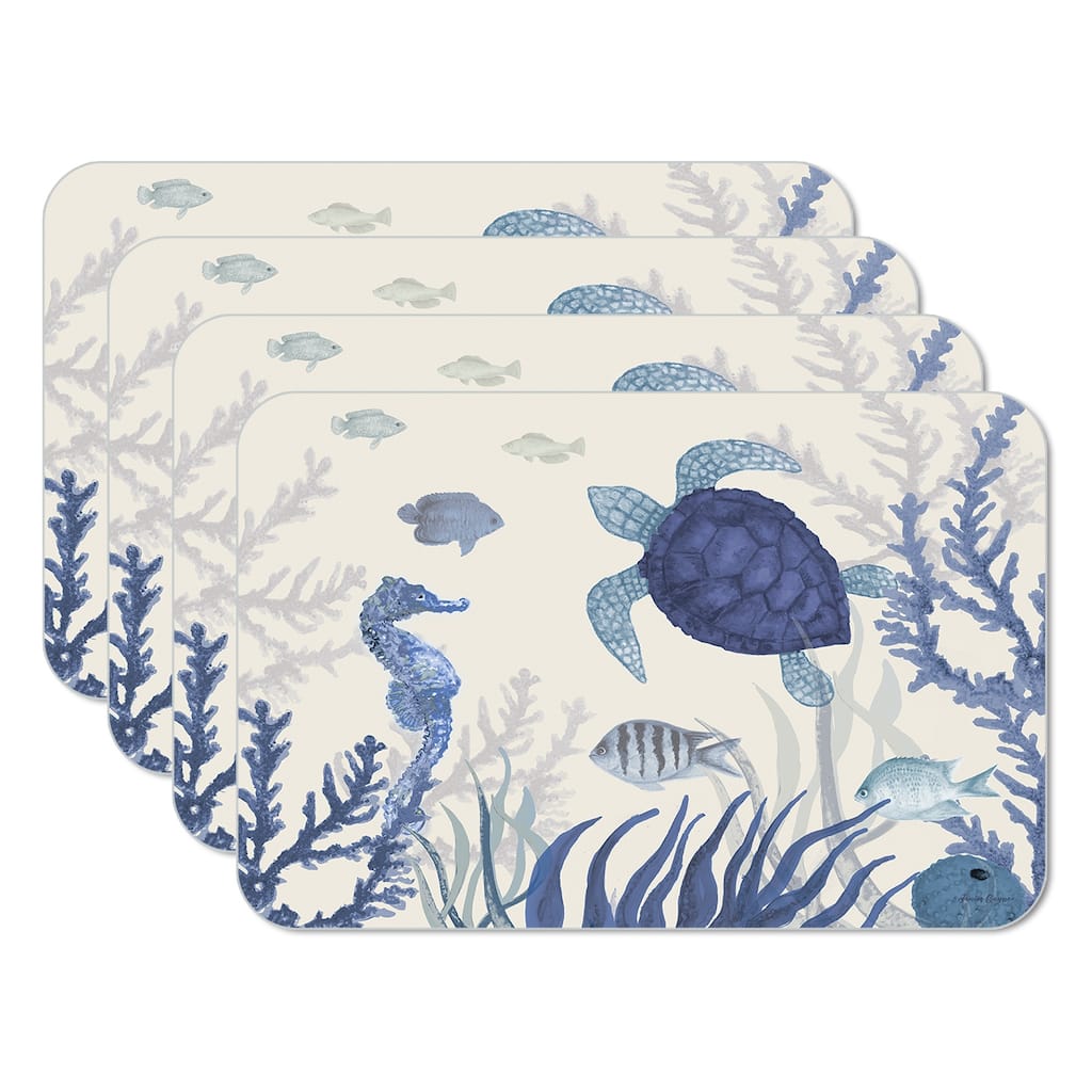 Blue Sea Life 4 Pack Reversible Easy Care Flexible Plastic Placemats Made in The USA BPA Free Easily Wipes Clean