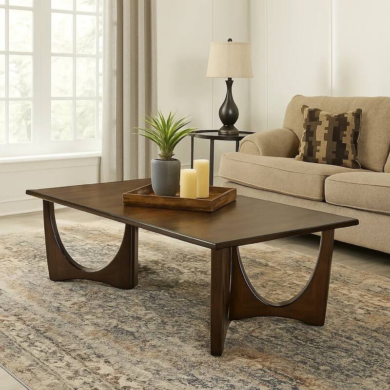 Natra Coffee Table, 52 Inch Rectangular, Sculpted Solid Wood Dark Brown