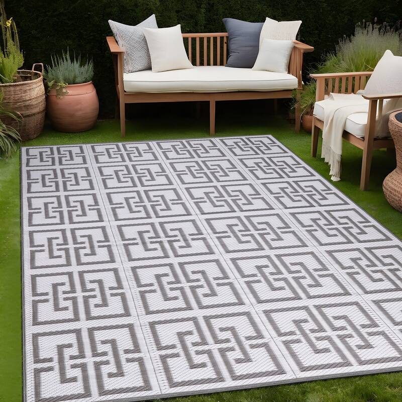 Beverly Rug Geometric Greek Key Outdoor Rug Waterproof for Patio, RV Camping