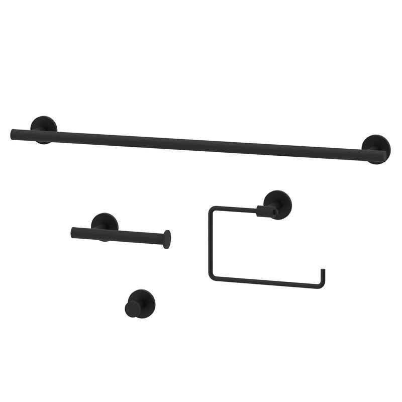 VIGO Elan 4-Piece Bathroom Hardware Accessory Set with 24 in. Towel Bar, Toilet Paper Holder, Hand Towel Holder, Hook - Matte Black