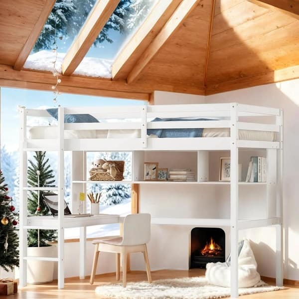 slide 2 of 15, Twin Loft Bed with built-in desk and bookcase of three compartments, Guardrails and Ladder,White White