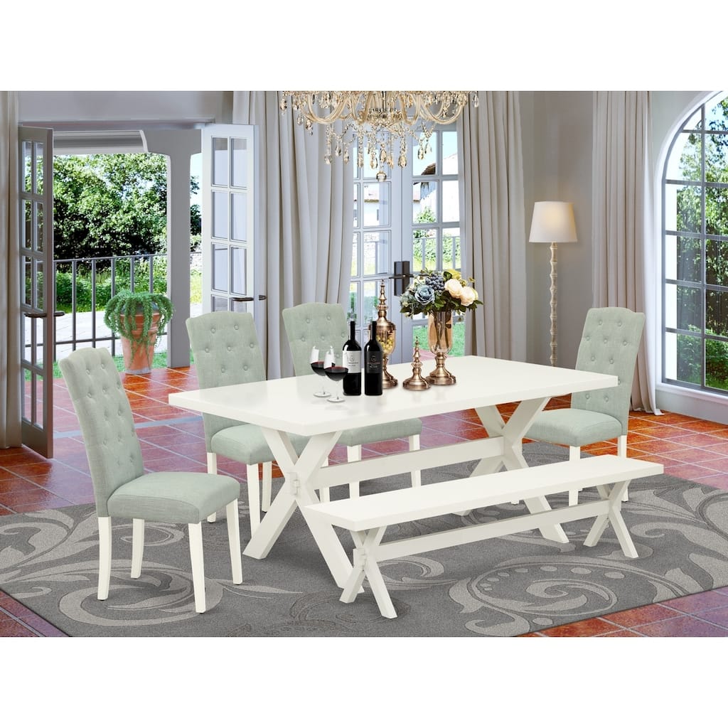 Modern 6-Piece Dining Set - Linen White Table & Baby Blue Chairs - Parson Style with Bench