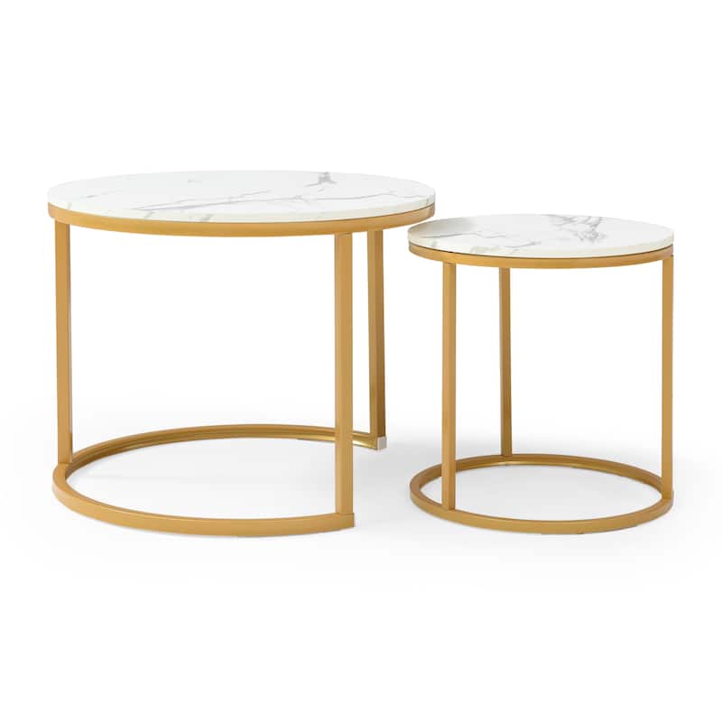 Set of 2, Coffee Table Nesting White and gray top, Golden Frame Circular Round and Marble Pattern Wooden Tables