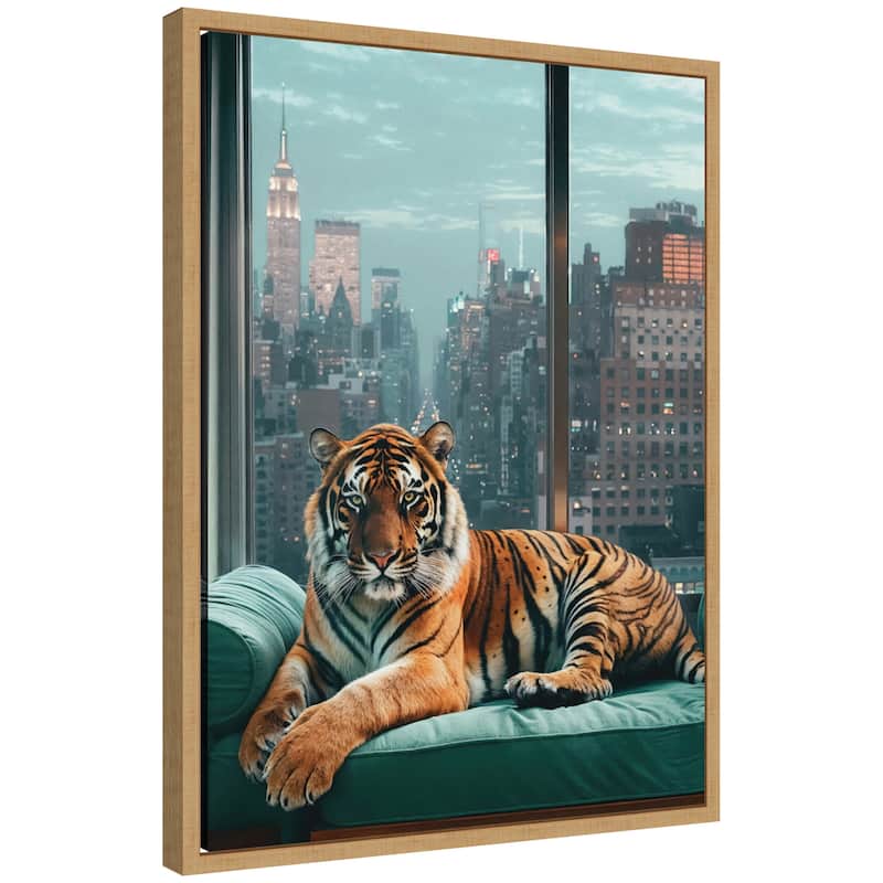 Kate and Laurel Sylvie Graceful Tiger in New York Framed Canvas by Michael Schauer - 18x24 - Natural