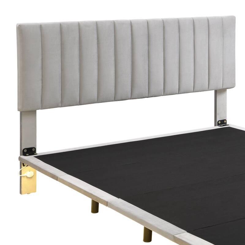 Grey Queen Velvet Upholstered Bed with Sensor Light, Floating Platform, and Headboard