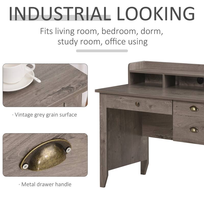 HOMCOM Computer Table Writing Desk with Hutch 3 Drawers, Open Cabinets, Top Shelf, Wide Tabletop, Cable Management, Grey