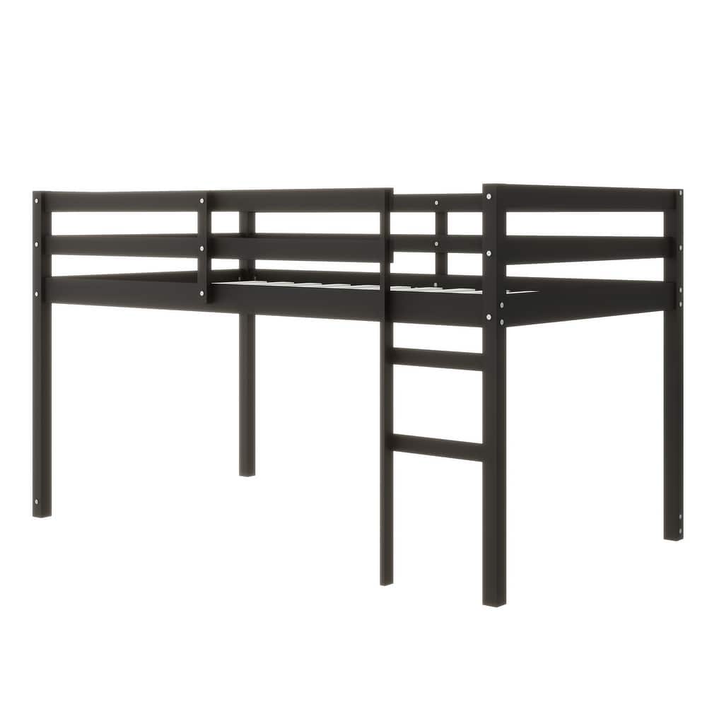 Twin size Rubber Wood Loft Bed with Ladder, 13 Strengthened Slats and Safety Guardrails