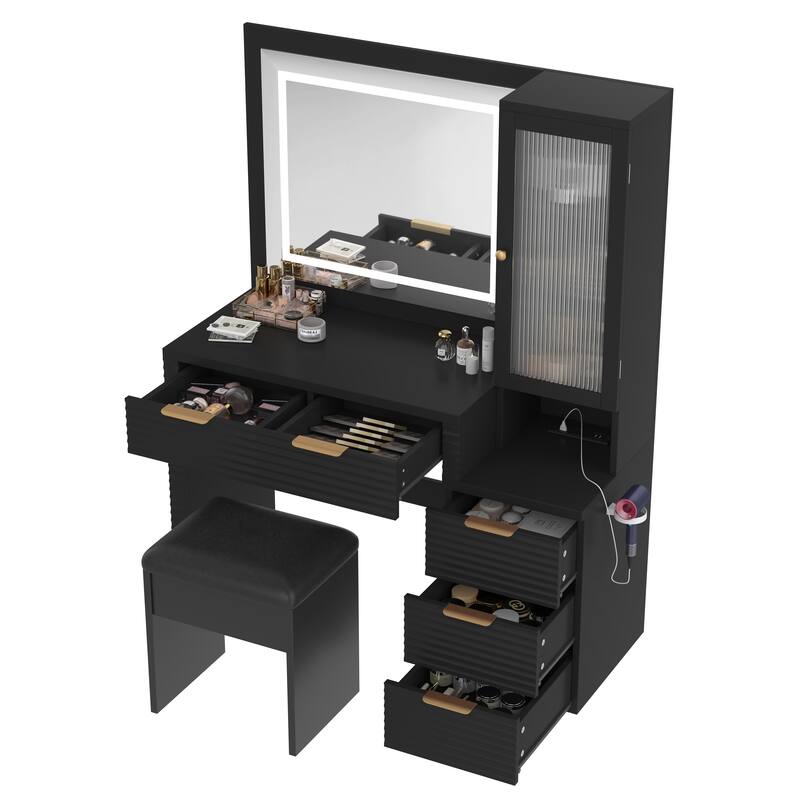 Fluted Makeup Vanity Desk with Charging Station, Bedroom Dressing Table Set with Storage Stool, Large Mirror and Lights