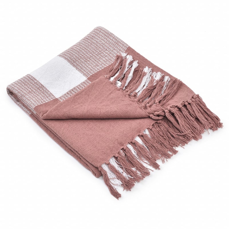 50" X 60" Pink Woven Cotton Checkered Throw Blanket with Fringe