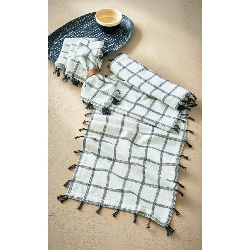 Tassel Check Cotton Machine Washable Napkin Set of 4 Black Multi - 20 x 20
