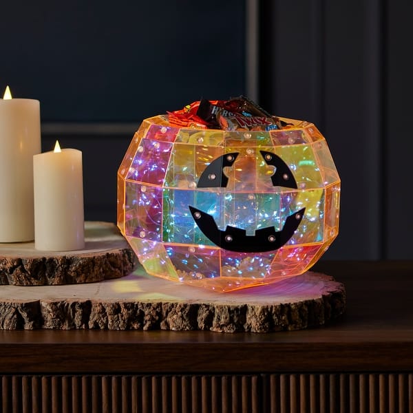 slide 2 of 5, Prismatic Iridescent Pumpkin Candy Box 9", LED lights - N/A