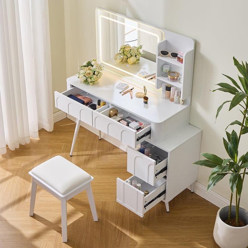 Modern Makeup Vanity Desk with LED Lights & Mirror, Extendable Dressing Table Set with Stool, 4 Drawer & Side Cabinet