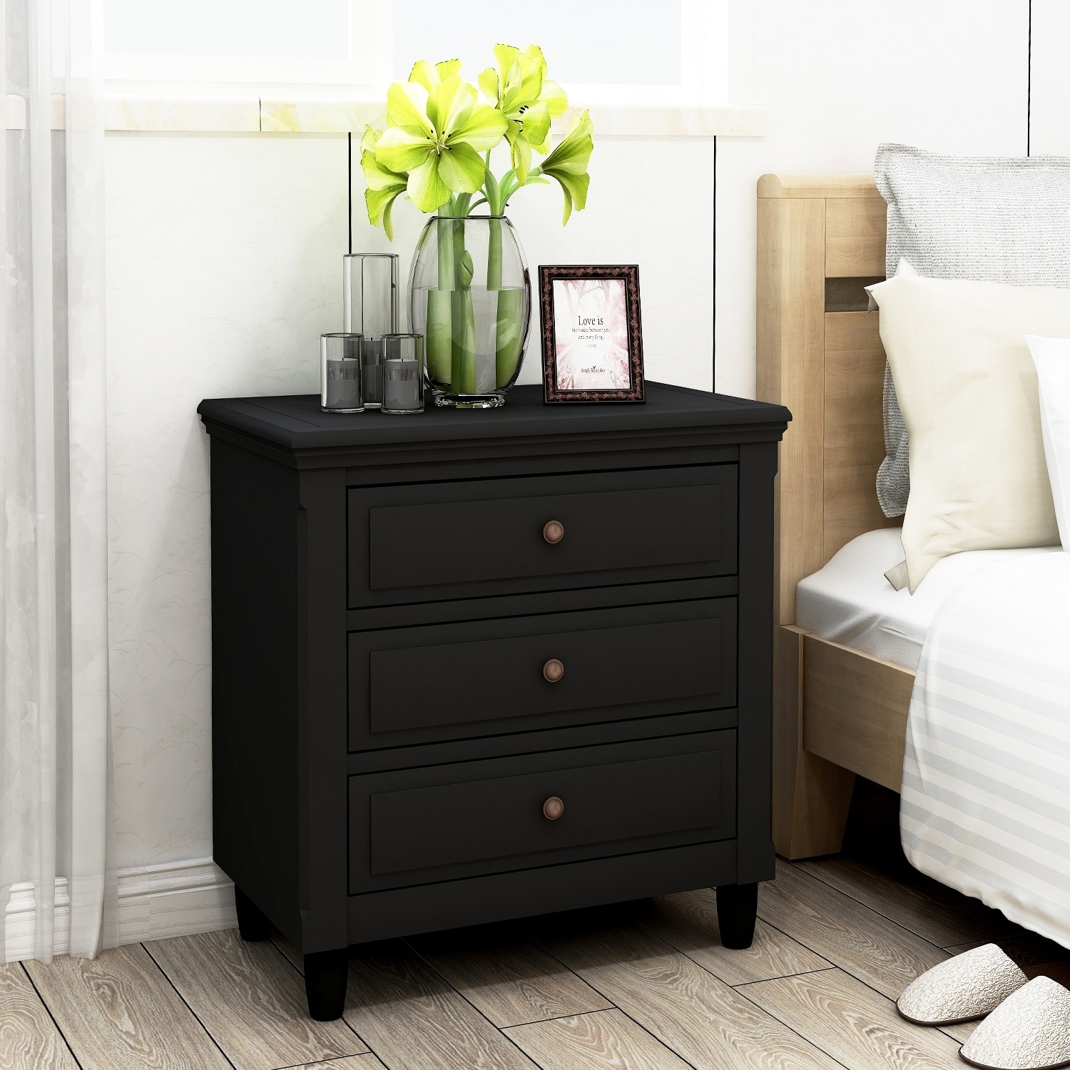 Black 3-Drawer Wood Nightstand for Bedroom & Living Room