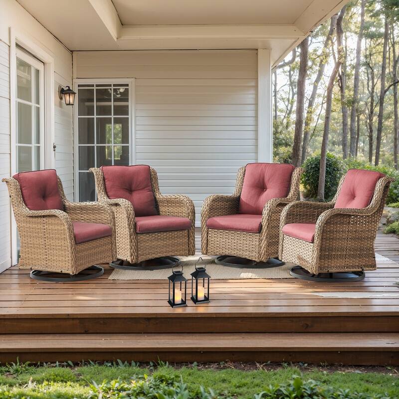 Pocassy 4 Pieces Outdoor 4 Inch Swivel Glider Chairs - Red cushion - Yelllow Wicker