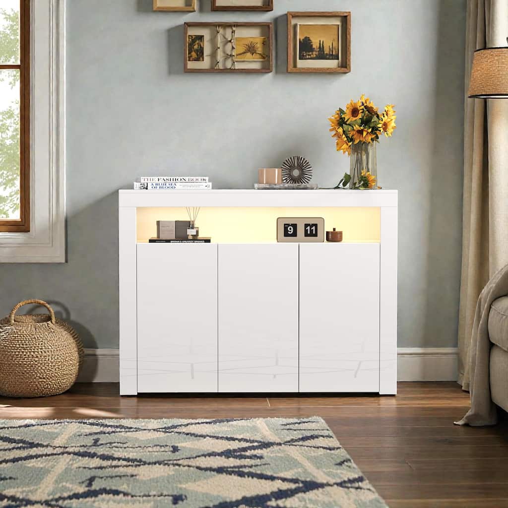 Modern White High Gloss Sideboard with LED Lights, 3 Door Storage Cabinet Buffet TV Stand for Living Room