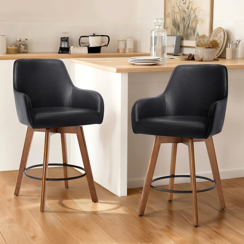 25 Inch Upholstered Swivel Counter Height Bar Stool with Armrests, Solid Wood Legs - 23.6"W x 22.4"D x 40.2"H