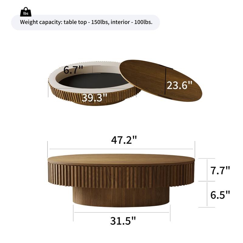 47'' Oval Coffee Table with Storage - Solid Wood Veneer Modern Tea Table for Living Room, Bedroom, Apartment