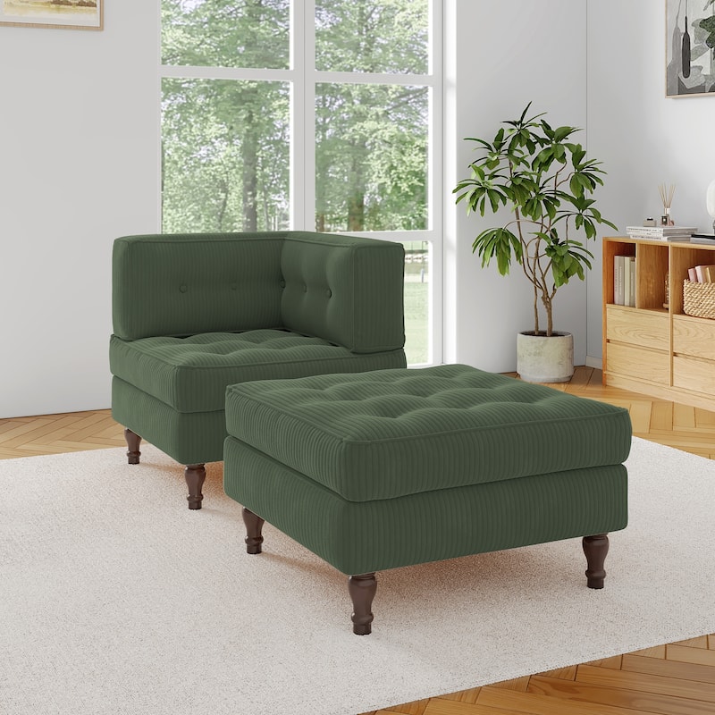 Corduroy L-shape Modular Corner Sectional Sofa with Reversible Storage Ottoman - Green