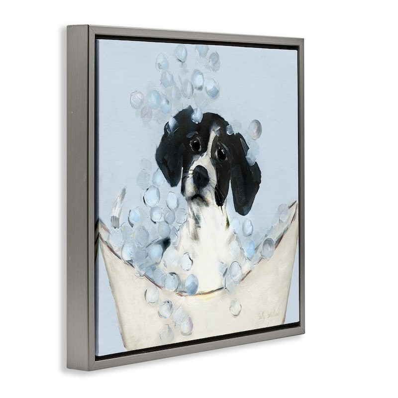 Stupell Black & White Puppy in Tub Framed Floater Canvas Wall Art Design By Sally Swatland
