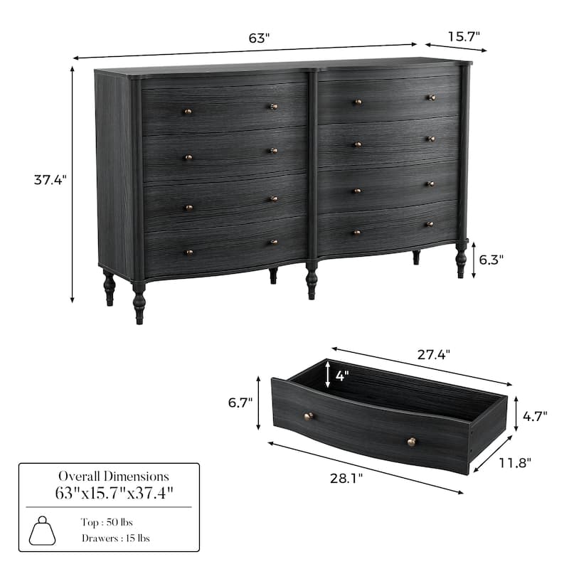 Elegant 8-Drawer Dresser with Solid Wood Legs, Vintage Curved Front Chest of Drawers for Bedroom Storage