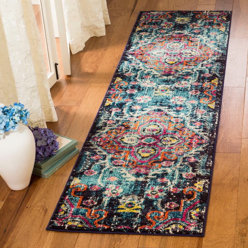 SAFAVIEH, Monaco Wava Boho Rug - 2'2" x 10' Runner - Blue/Fuchsia