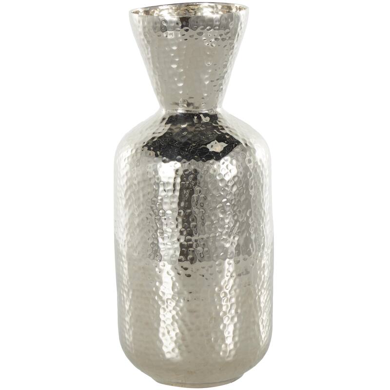Silver Aluminum Metal Hammered Decorative Vase with Cone Shaped Opening