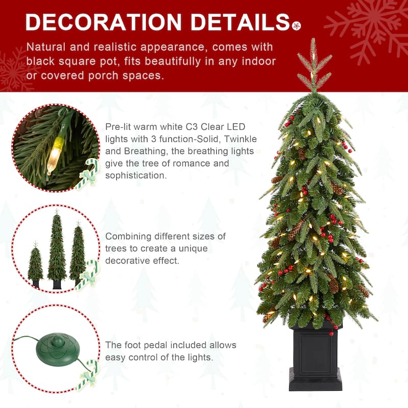 3 Piece 4ft&6ft&7ft Pre-lit Artificial Christmas Tree with Red Berries, Pinecones and LED Lights Porch Decor by Glitzhome