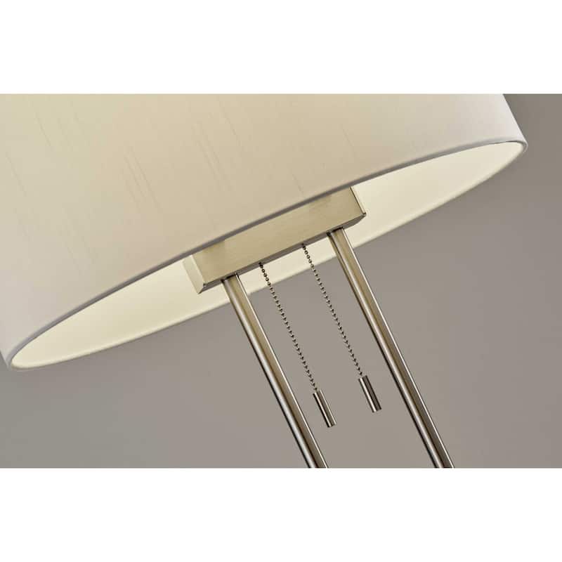 Silver Metal Base Bedside Table Lamp with Grey Linen Drum Shade Pull Chain - 6.5” x 17” x 27” (D x W x H)
