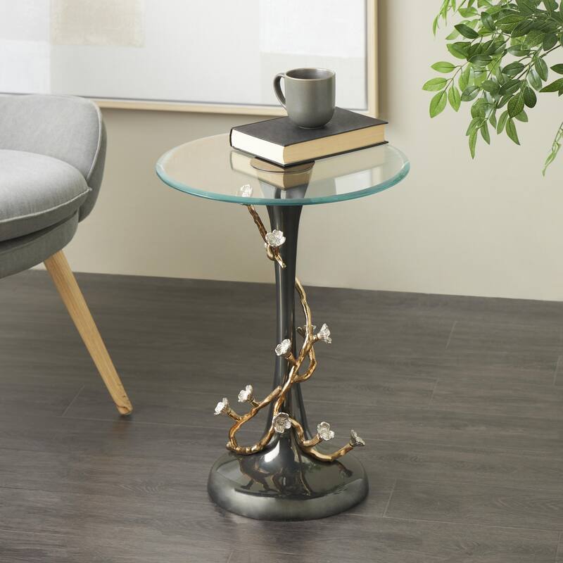 Aluminum Metal Floral Twisted Vine Side End Accent Table with Glass Tabletop - Black - Roche River Decor